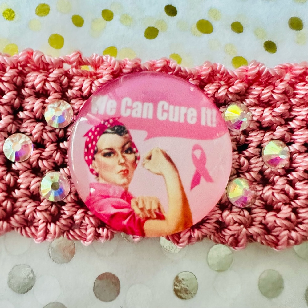 Hand Knits 2 Love Bracelet Cancer Pink Ribbon Rosie Riveter Glass Cabochon Beads